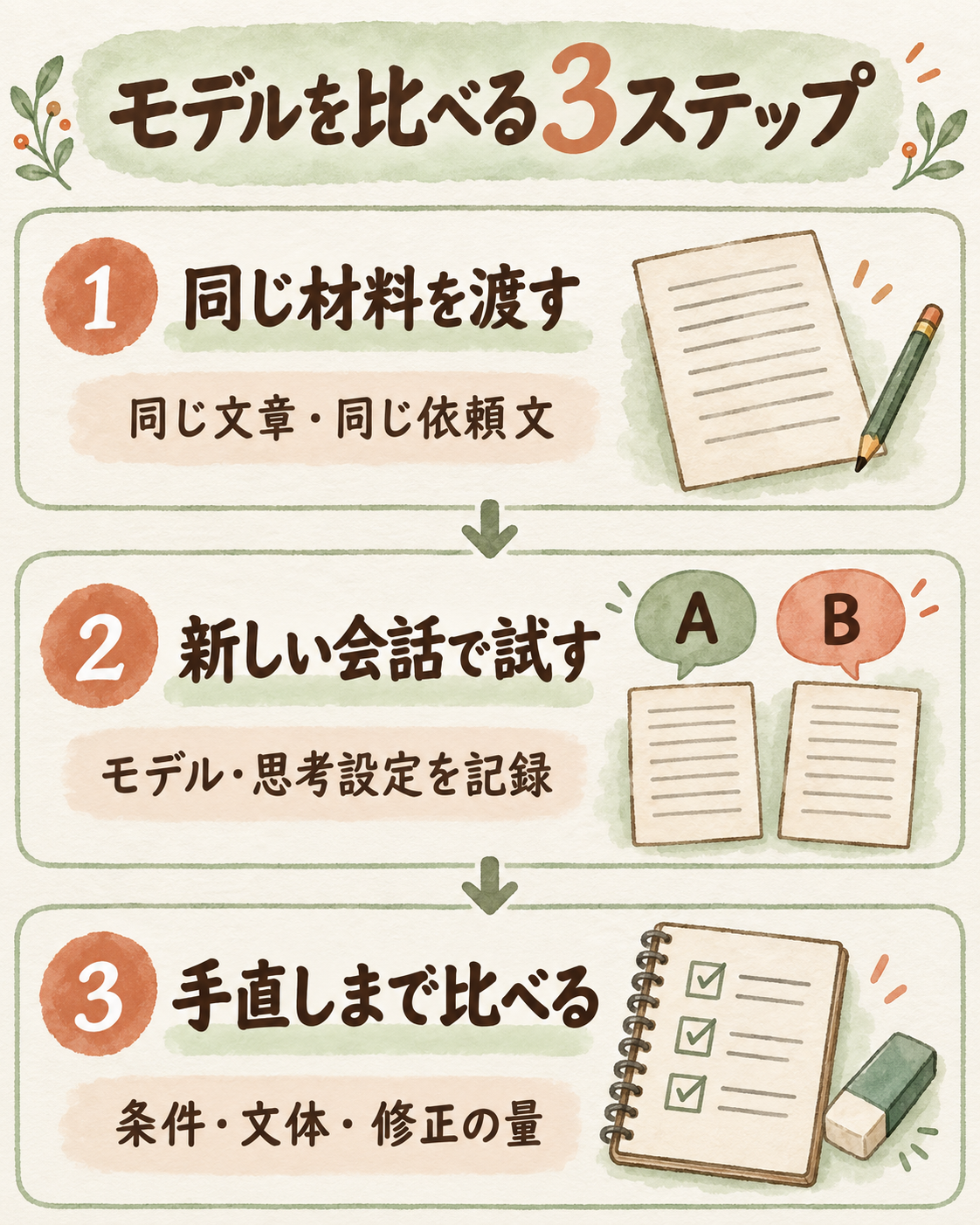 同じ材料を渡す、新しい会話で試す、手直しまで比べるというモデル比較の3ステップ