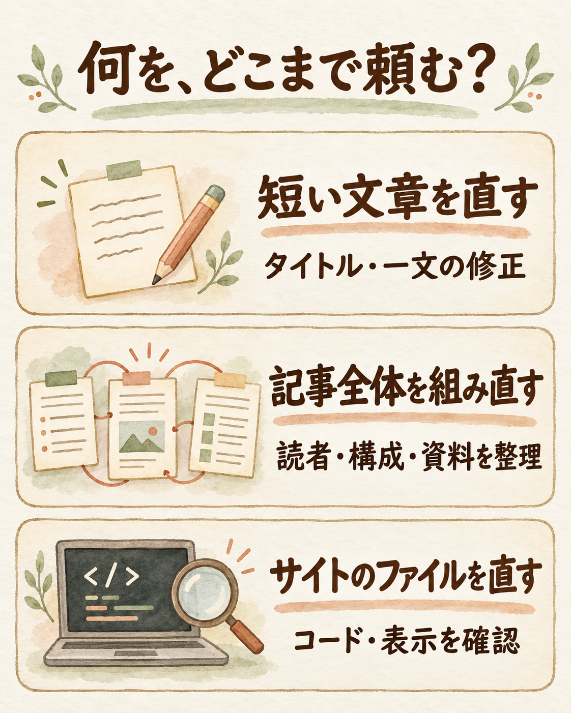 短い文章の修正、記事全体の整理、サイトのファイル修正の違いを描いたイラスト