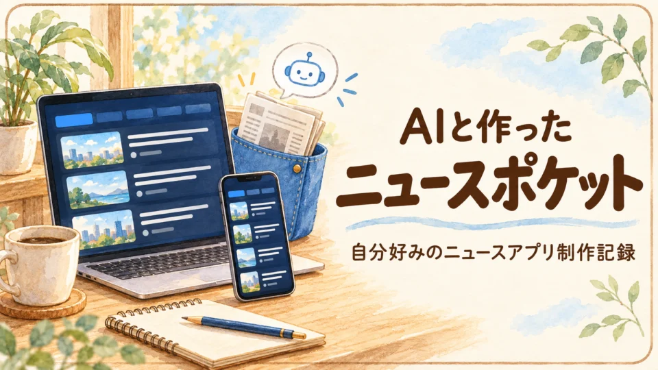 AIと作ったニュースポケット。紺と青のニュースアプリを表示したPCとスマートフォン、新聞を入れた青いポケットのイラスト